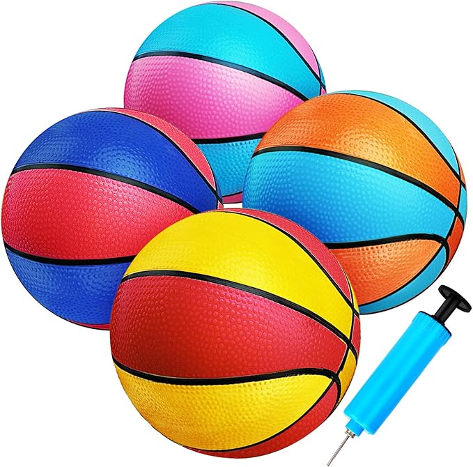 4 Packs Mini Basketballs 7 Inch Size 3 with Pump, Kids Small Basketball Set for Basketball Hoop Pool Party Games Indoor Outdoor Play Sports Toys Bouncy Basket Balls for Kids Toddlers 1-3 3-5 5-7 Gifts