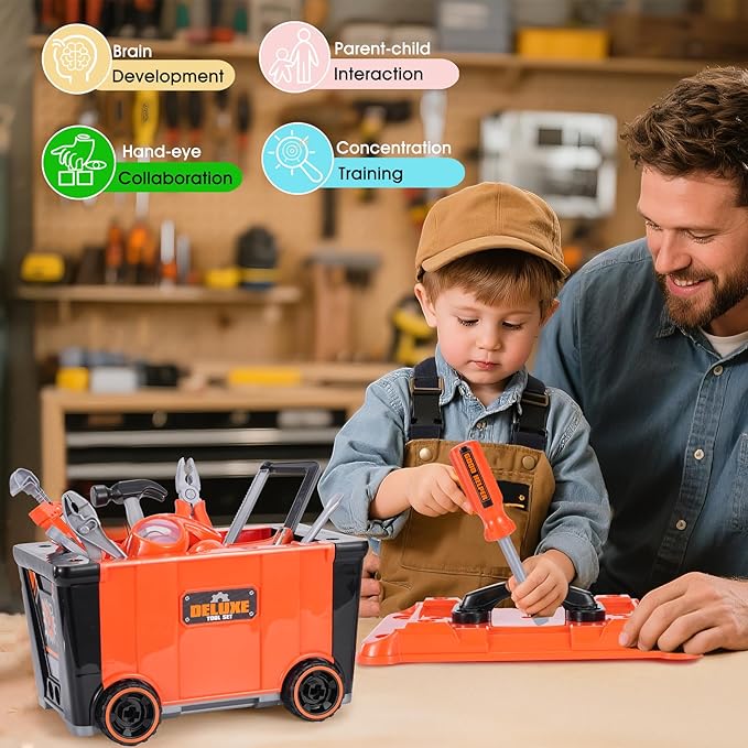REXBETI Kids Tool Set with Tool Box and Electronic Toy Drill, Pretend Play Kids Construction Kits, Toddler Tool Set, Birthday Gifts for Kids Ages 3-8 Years Old