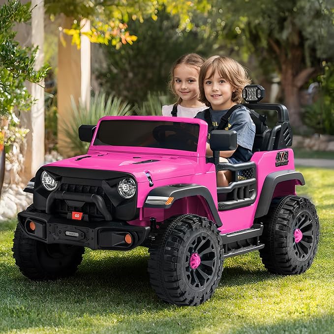 2 Seater Ride on Car Toy, 12V Electric Car for Kids 4-8 with Remote Control, Capacity 150 lb, LED Light - Hot Pink