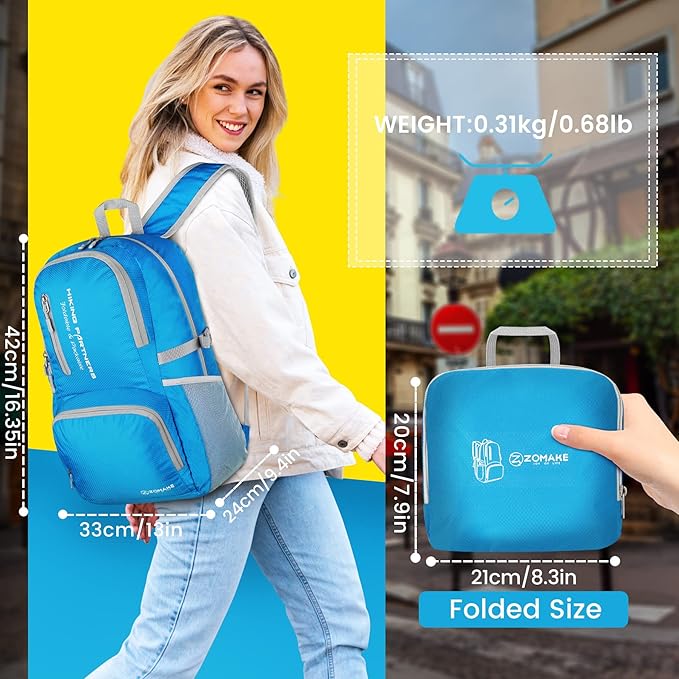 ZOMAKE Lightweight Packable Backpack, 35L Light Foldable Hiking Backpacks Water Resistant Collapsible Daypack for Travel(Light Blue)
