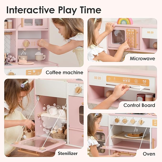 Pink Wooden Play Kitchen for Kids– Realistic Appliances, Storage & 15 Fun Accessories for Inspiring Pretend Play (Ages 3+)