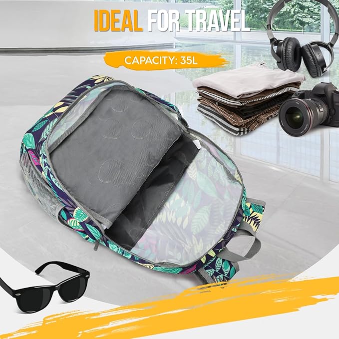 ZOMAKE Lightweight Packable Backpack 35L, Light Foldable Backpacks Water Resistant Collapsible Hiking Bag, Compact Folding Day Pack for Travel Camping(Mixed Color-Leaves)