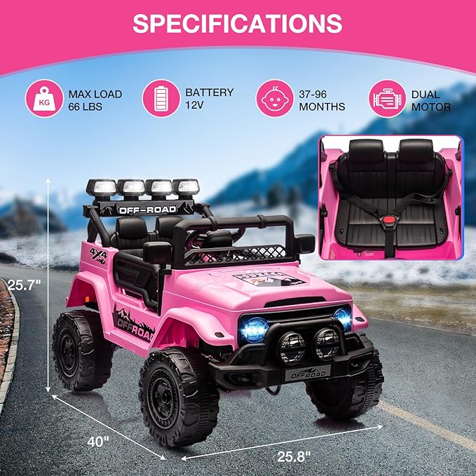 Ride On Truck Car 12V, Electric Vehicle w/Remote Control, 3 Speeds, LED Lights, Music, Spring Suspension, Ride on Car for Kids