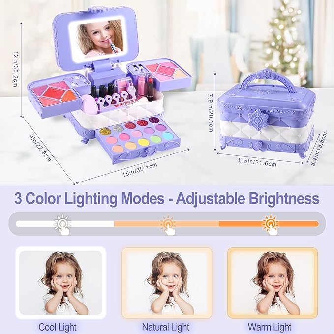 59 in 1 Kids Makeup Kit, with 3-Color Led Makeup Mirror Real Washable Kid Makeup Set for Girls, Perfect Girl Birthday Gift, Age 3+