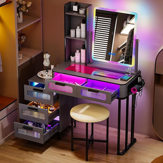 HNEBC Vanity with LED Mirror, Glass Top Dresser with Wireless Charging Station for Bedroom, Small Makeup Desk with 6 Drawers, Girls Dressing Table with Auto RGB Lighted for Christmas (5078-Grey)