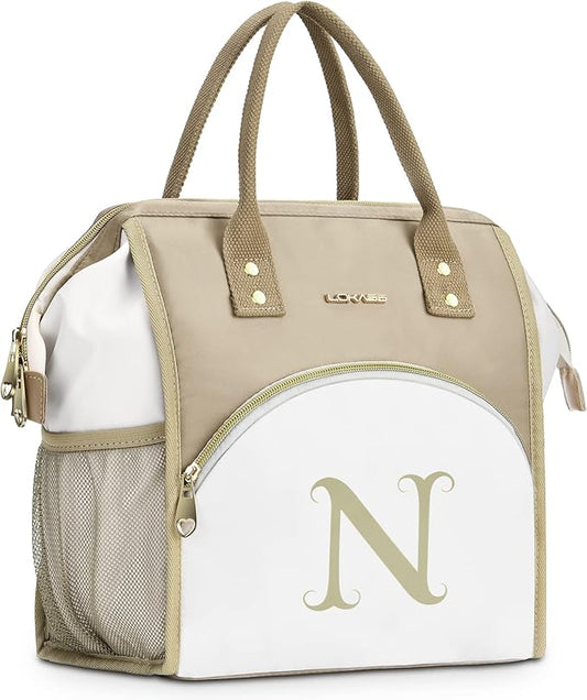 Personalized Lunch Box for Women, Initial Reusable Insulated Lunch Bag, Wide-Open Adult Lunchbox Cooler Lunchbag, Leakproof Lunch Tote for Picnic Work Outdoors, Christmas Gift for Women, Brown - N