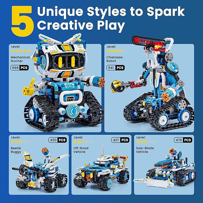 5 in 1 RC Robot Building Kit, APP & Remote Control Robotics Kit, Science Project Kit & STEM Toys for Ages 8-13, Gifts for 8 Year Old Boys Girls