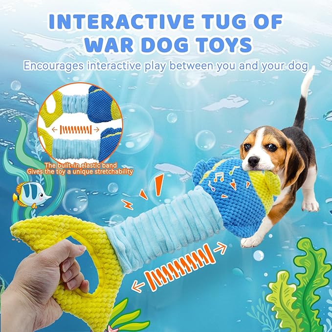 Tug of War Dog Toy, Squeaky Dog Toys, Interactive Fish Puppy Toys with Crinkle Paper to Keep Them Busy