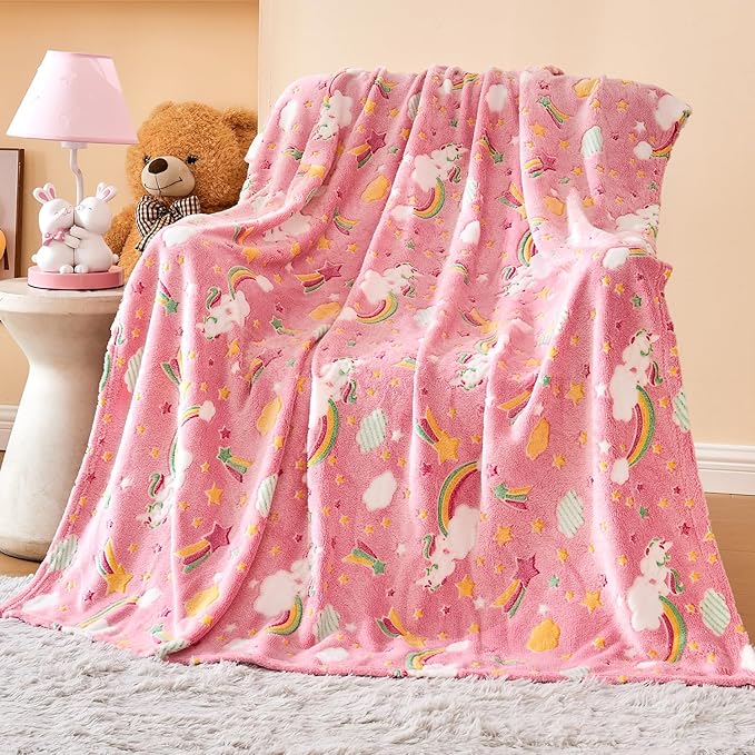 Wajade Rainbow Gifts Toys for Girls - Glow in The Dark Rainbow Blanket Birthday Christmas Decor for Kids Age 3 4 5 6 7 8 9 10 11 12 Years Old Teens Child Toddler Throw Pink 50"x60"