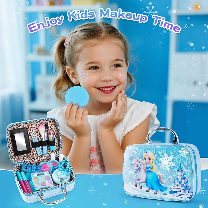 Kids Makeup Sets for Girls, Real Washable Make Up Kits Toys Toddler Children Princess Dress Up Birthday Toy for 3 4 5 6 7 8 9 10 11 12 Years (Blue)