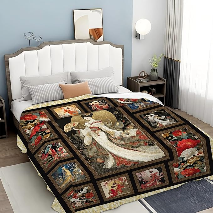 Japanese Gifts for Women, Japan Geisha Girls Flannel Throw Blanket, Cozy Fleece Soft Stuff Blankets Gift for Girls Couch Sofa Bed 60" x 50"