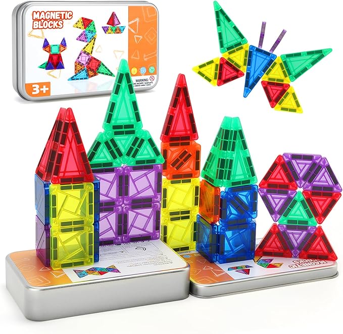 CS COSDDI 42PCS Magnetic Travel Toddler Set with Iron Storage Box, Mini Magnetic Blocks Kids Toys, Portable Magnetic Blocks Building Kids Toys for 3-5 Year Olds Boys Girls Birthday Gift