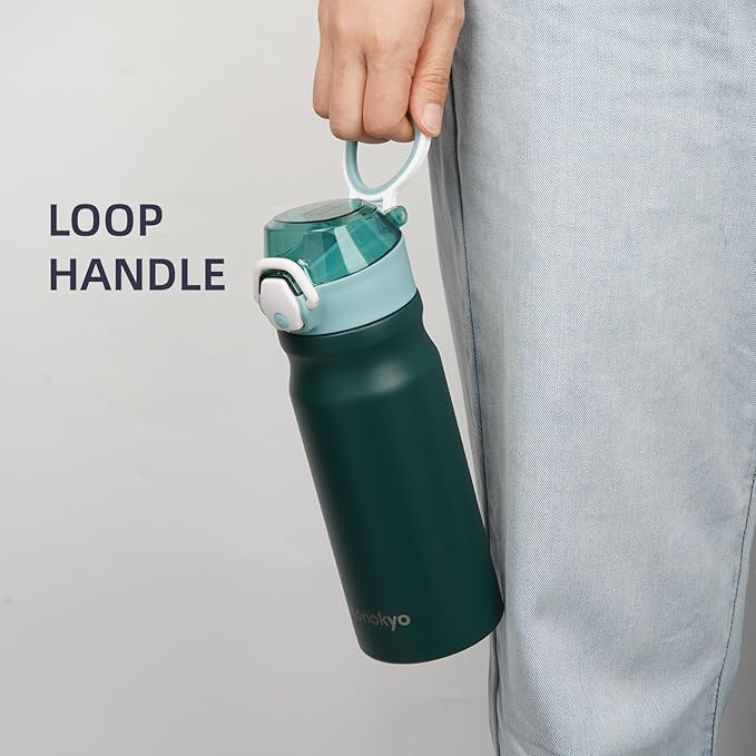 Insulated Water Bottle with Straw and Carry Loop,18 oz Stainless Steel Double Wall Vaccum Metal Water Flask with Leak-proof Lid,Dark Green