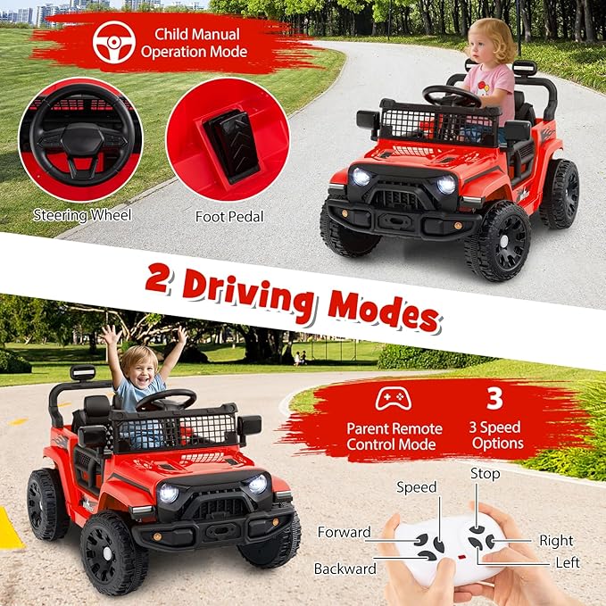 Costzon Kids Ride on Car Truck, 12V Electric Vehicle w/Foldable Mirrors, 3 Speeds, LED Lights, Music & Horn, Ride on Toys Remote Control Car for Toddlers, Boys & Girls (Red,34" × 23" × 21")