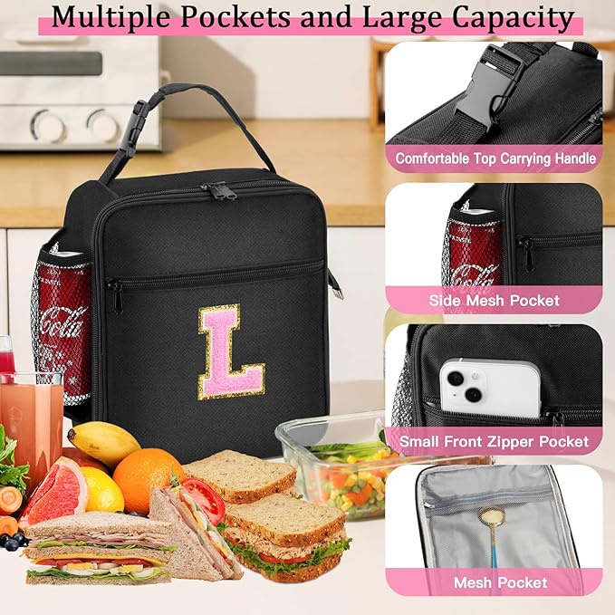 Initial Insulated Lunch Bag, Lunch Box with Initial Letter Patch for Teen Adult, Reusable Lunch Bag for Men Women, Ideal Back to School Gift Birthday Gift, Pink L