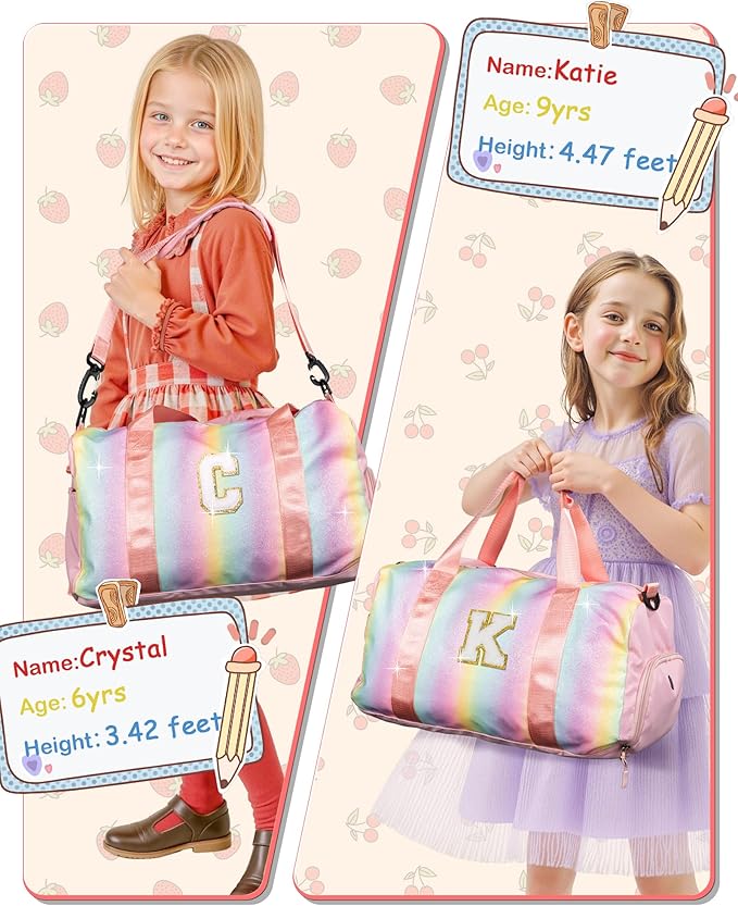 Preppy Gifts-Girl Gym Bag with Shoe Compartment, Kid Personalized Weekender Overnight Bags, Initial Travel Tote with Makeup Pouch, Gift for 3 4 5 6 7 8 9 10 11 12 Year Old Girls (Letter S)