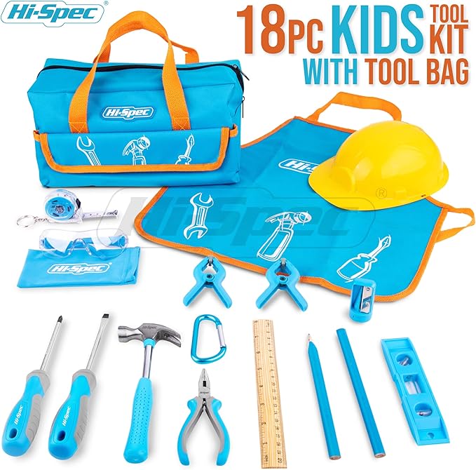 Hi-Spec 18pc Blue Kids Tool Kit Set & Child Size Tool Bag. Real Metal Hand Tools for DIY Building, Woodwork & Construction