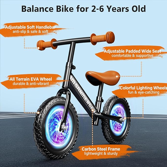 Colorful Lighting 12 Inch No Pedal Balance Bicycle Bike for Kids,Age 24 Months to 5 Years Old Lightweight Steady Balancing Bike with Adjustable Handlebar&Seat,Birthday Gift for 2 3 4 5 Year Old