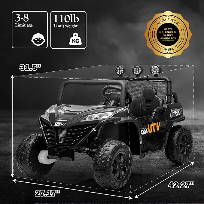 24V 2 Seater Ride on UTV Car, 4WD Ride on Toys for Kids with Remote Control, Shock Absorbers, LED Lights, Music, Off-Road Electric Car for Kids Boys Girls (Black)