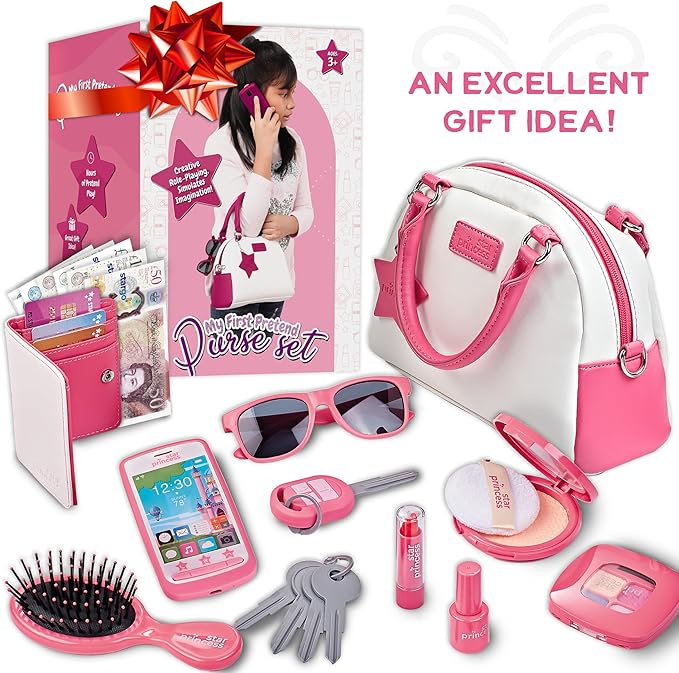 Star Princess Pretend Play Purse Set for Girls - Realistic Purse with Accessories: Toy Phone, Wallet, Credit Cards, Keys, Makeup for Role Playing Toys for Girls Ages 3-8