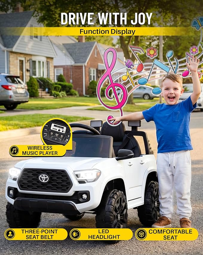 Blitzshark 12V Kids Ride on Car Licensed Toyota Tacoma Battery Powered Motorized Electric Vehicle, with Remote Control, Digital Display, Spring Suspension, Storage Space, Music &FM, White