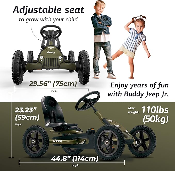 Berg Toys - Buddy Jeep Junior Pedal Go Kart - Go Kart - Go Cart for Kids - Pedal Car Outdoor Toys for Children Ages 3-8 - Ride On-Toy - BFR System - Adjustable Seat - Pedal Kart for Kids (Army Green)