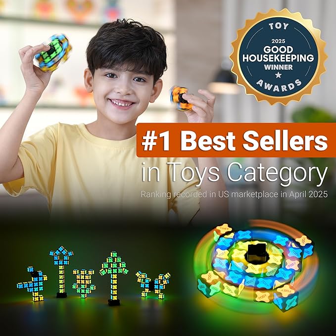 TOSY Magnet Fidget Spinner Glow - 16 blocks, 3in1 Toy: Transformable Fidget Spinner, Infinity/Puzzle Cube, Glowing, Christmas Stocking Stuffers Gift for Kids/Adults, STEM Sensory Stress Relief, 2-pack