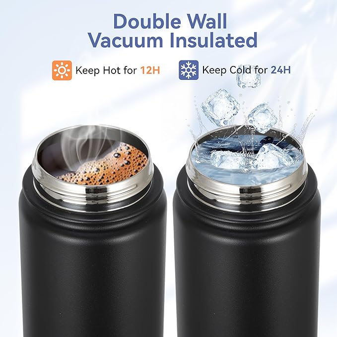 HASLE OUTFITTERS Insulated Water Bottle 16 oz Double Wall Vacuum Stainless Steel Water Bottle Leak Proof for School Wide Mouth with Straw Lid & Spout Lid Keeps Cold and Hot(Black,8pack)