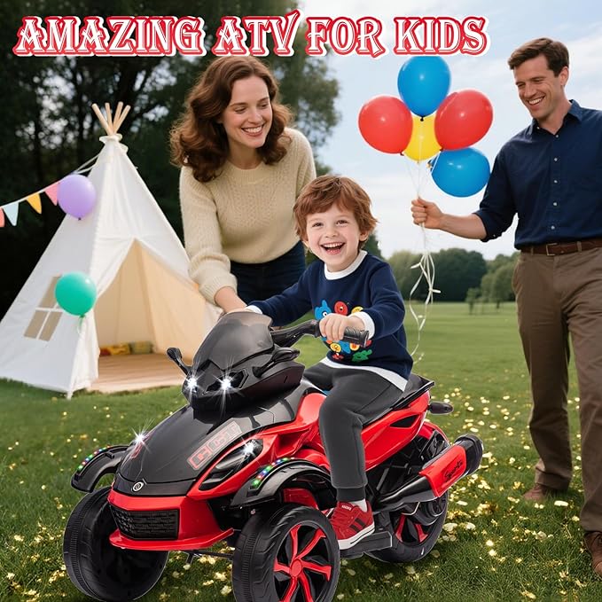 Xinyonxin 12V Kids Electric ATV, 3-Wheeler Motorcycle Ride on Toys for Toddlers w/Music, LED Lights, USB, One-Button Start, Forward/Reverse, Electric All-Terrain Car, Gift for Age 3+ (Red)