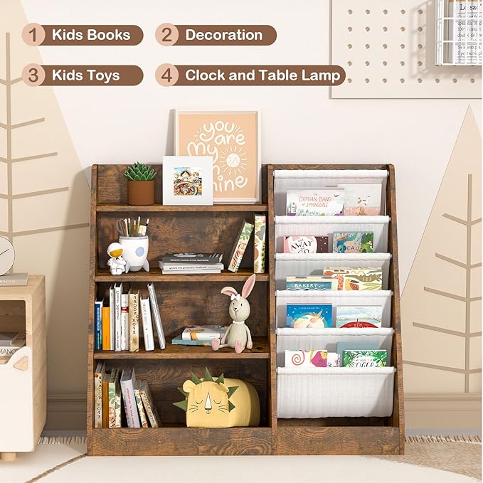 Kids Bookshelf for Bedroom Toddler Children Baby Bookcase 4-Tier for Nursery Book Toy Storage Organizer 5 Sling Book Display Shelf Book Rack Wood Classroom Playroom Rustic Brown
