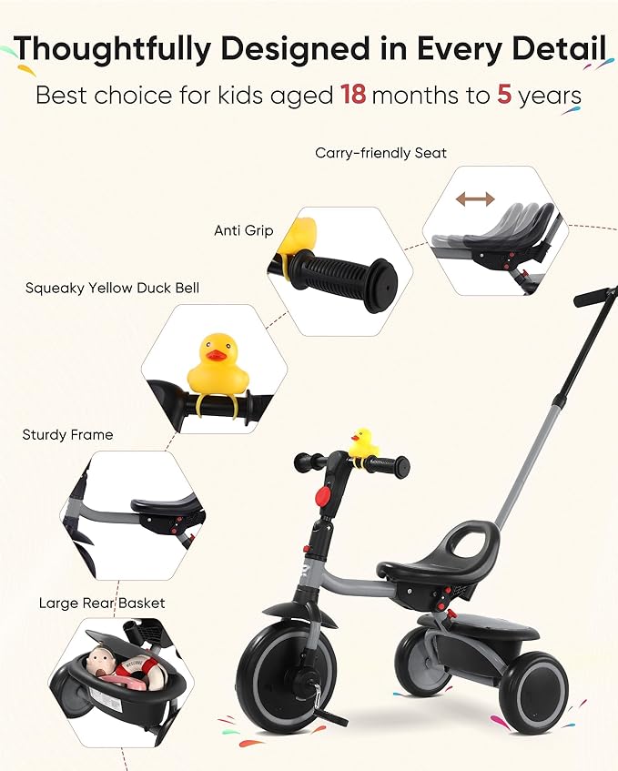 Tricycle for Toddlers 18 Months to 5 Years with Removable Push Handle, Tricycles for 3-5 Year Olds Ideal for On-The-Go Families, Adjustable Carry-Friendly Seat, Grey