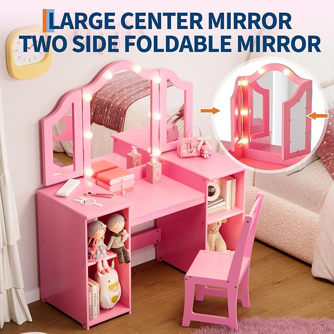 Kids Vanity with Lights,Princess Makeup Desk and Chair with Tri-Fold Mirror,Open Bookshelf, Storage Cabinet,Toddler Vanity,Pretend Play Dressing Table for Little Girls,Pink