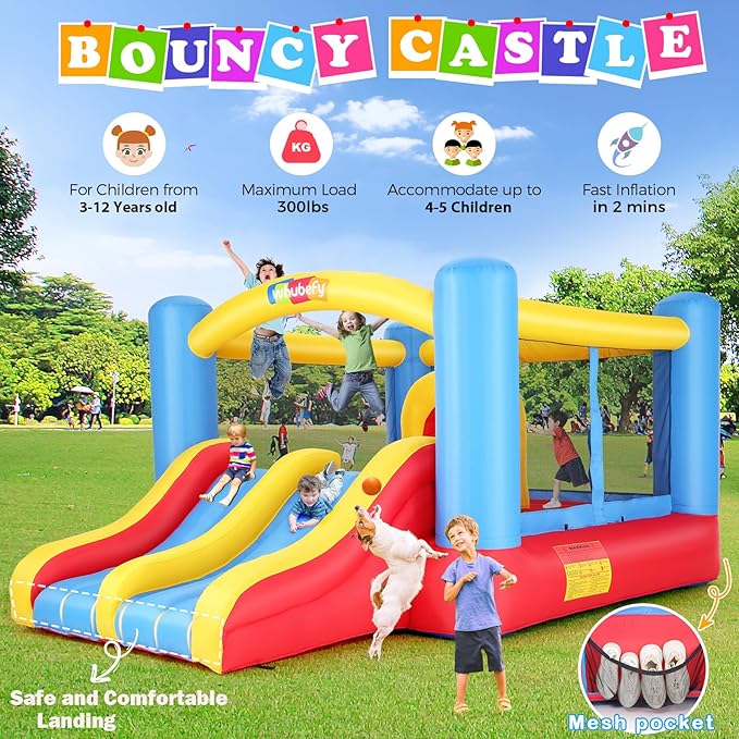 Whubefy Bounce House for Kids 3-10, 12.6FTx9FT Inflatable Bounce House with Blower for Big Kids 3-6 with Double Slide Obstacle, Indoor Outdoor Blow up Bouncy Castle Jump House for Family Backyard Fun