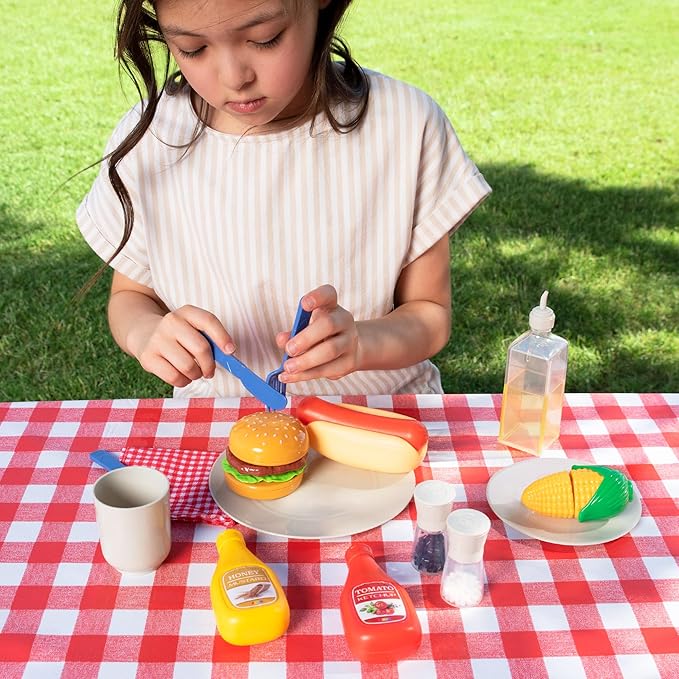 27 PCS Kids BBQ Grill Playset Backyard Barbecue Play Grill Toy Set for Toddlers, Play Food Sets for Kids Kitchen