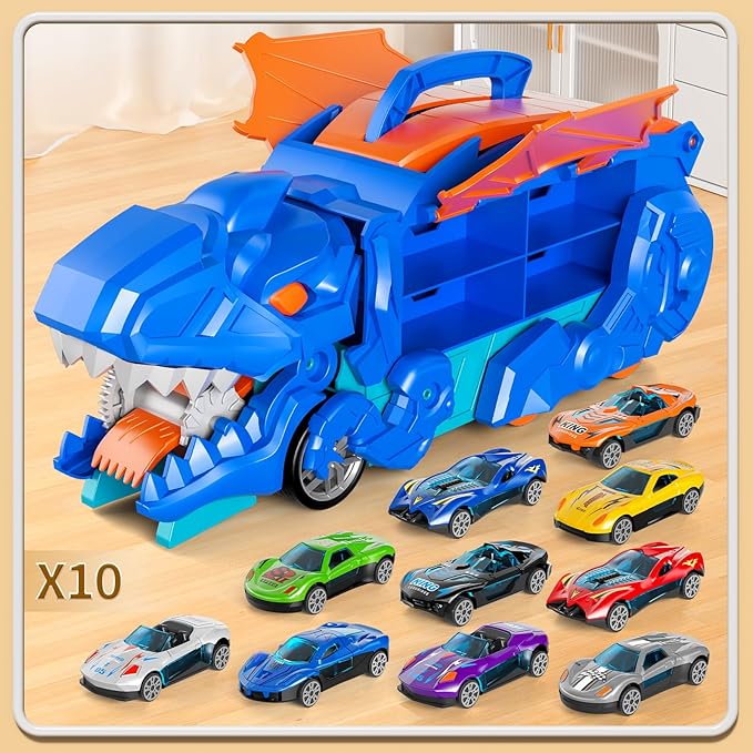 Toddler Monster Carrier Truck with 10 Die-Cast Cars Toys for 3 4 5 6 Years Old Boys, Cars Race Track Set Dinosaur Transporter Truck, Toddler Toys Gift Set for Kids Boys Girls