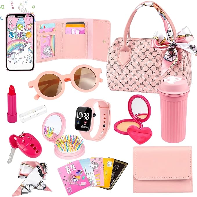 Toddler Play Purse for Little Girls, 32PCS Kids Handbag with Pretend Makeup for Girl,Toddler Purse Includes Handbag, Phone, Wallet,Princess Toy Purse Birthday Gift for 3 4 5 6 +