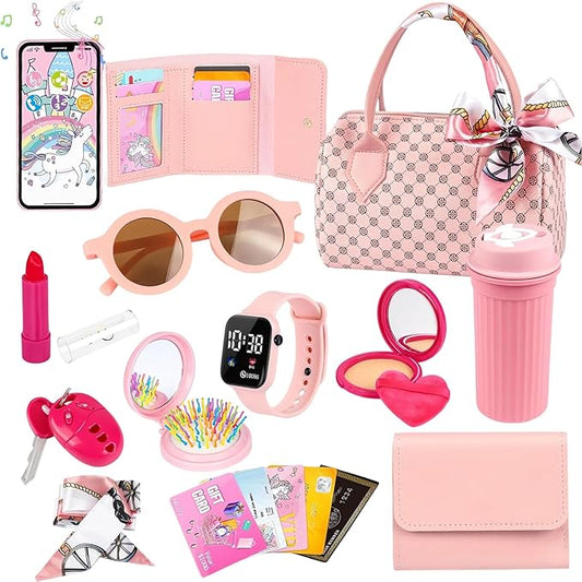 Toddler Play Purse for Little Girls, 32PCS Kids Handbag with Pretend Makeup for Girl,Toddler Purse Includes Handbag, Phone, Wallet,Princess Toy Purse Birthday Gift for 3 4 5 6 +