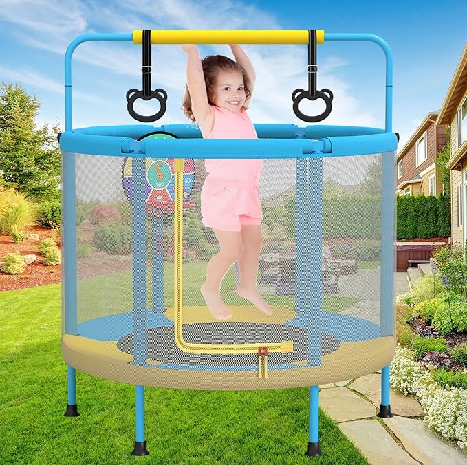 LANGXUN 60" Trampoline for Kids, 5ft Toddler Mini 6-in-1 Trampoline Indoor Outdoor with Swing, Basketball Hoop, Dart Board, Rings, Christmas Toys Birthday Gifts for Girls Boys