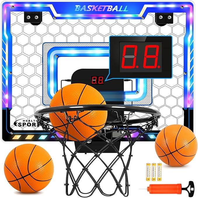 AOKESI Mini Basketball Hoop Indoor with Scorer and Batteries|Inside Basketball Hoop Over The Door with Colorful LED Lighting|Toy Basketball Gifts for Boys Girls Teens Adults, Blue