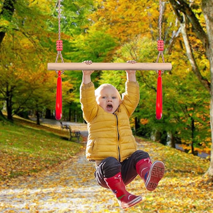 PELLOR Playground Children's Wooden Trapeze Swing Bar with Plastic Gym Rings Swing Set for Indoor & Outdoor Fun