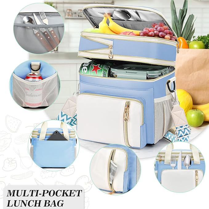 LOKASS Lunch Box for Women/Men-16L-Insulated Lunch Bag, Expandable Double-layer Leakproof Cooler Bag with Upgrade Adjustable Shoulder Strap Ideal for Work/Travel/Picnics（Sky Blue）