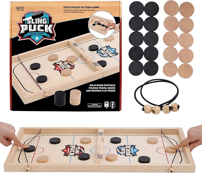 Fast Sling Puck Table Board Game I Wooden Family Indoor Two Player, Table Games for Family - Top Hockey for Adults & Kids, Competitive Parties for Fun