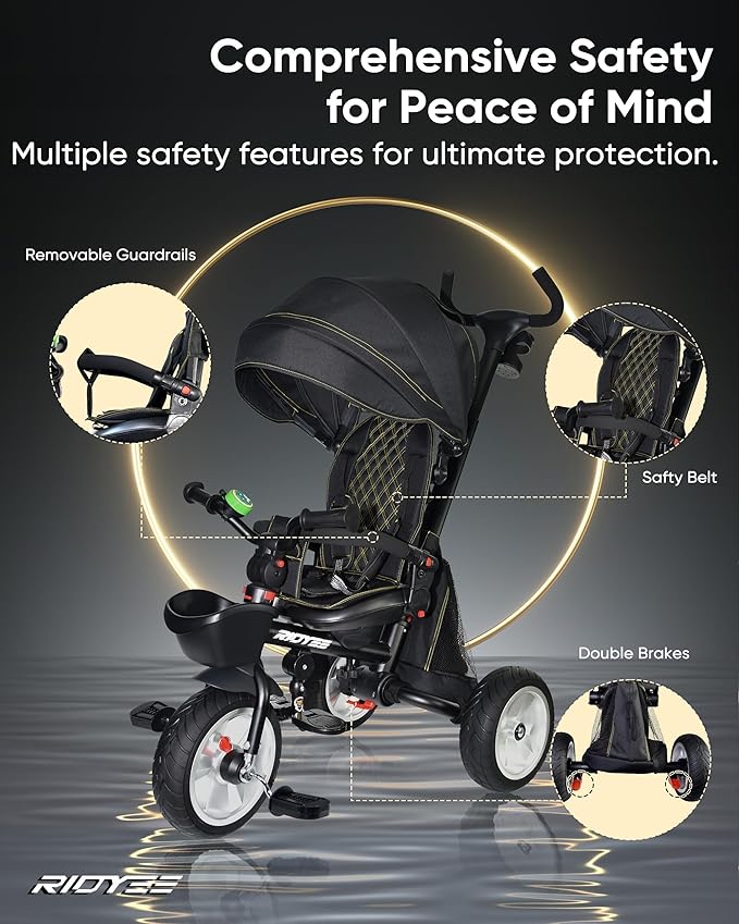 7-in-1 Folding Toddler Tricycle for 18 Months to 5 Years, Tricycle Stroller with Dual Brakes, All-Terrian Rubber Tire, Tricycle for Toddlers with Rotatable Seat, Adjustable Push Handle, Black