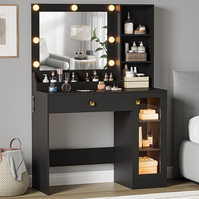 Small Vanity Desk with Mirror and Lights, Makeup Vanity Desk with Adjustable Brightness 3 Light Modes, RGB Storage Cabinet, Power Outlet, Drawer, Shelves, Vanity Table for Women Girls Bedroom