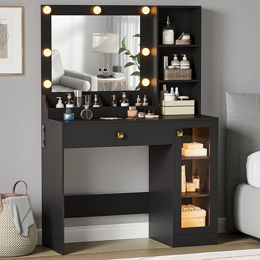 Small Vanity Desk with Mirror and Lights, Makeup Vanity Desk with Adjustable Brightness 3 Light Modes, RGB Storage Cabinet, Power Outlet, Drawer, Shelves, Vanity Table for Women Girls Bedroom