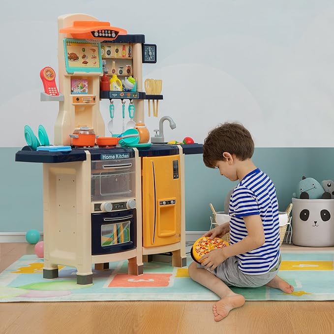 Kids Kitchen Play Set，Interactive Kids Kitchen Play Set with 65Pcs of Pretend Kitchen Toys，Realistic Sound Effects，and Simulated Functionality - Suitable for Toddlers Aged 2-12 Years (Blue)