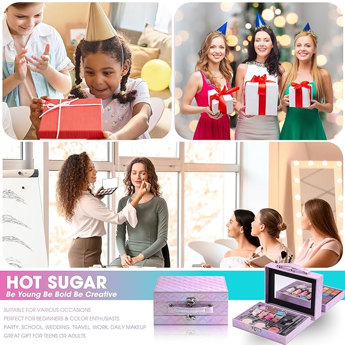 Hot Sugar Makeup Kit for Preteen Girls 10-12, Birthday Christmas Makeup Gift Set for Teens 16-18, All in One Beginner Makeup Kit for Women Full Kit (Purple Diamond)