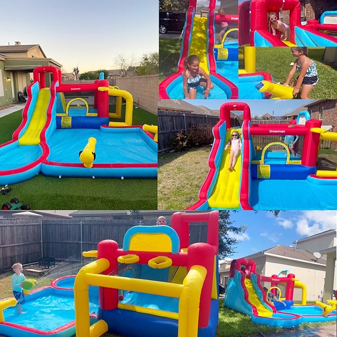 AKEYDIY Inflatable Water Slide Bounce House 13 in 1 Waterfall Waves Mega Water Slides Park |Large Water Bounce House,Splash &Blast Bouncer,Ball Toss,Soccer Gate,Water Inflatables for Kids Backyard