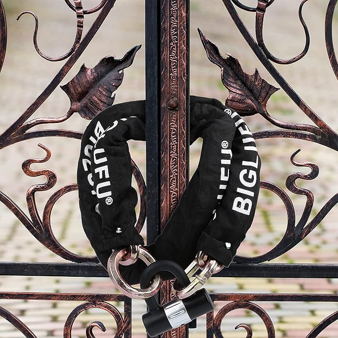 BIGLUFU Motorcycle Chain Lock 120cm/4ft Heavy Duty Bike Chain Lock Anti-Theft Durable Cut Proof 14mm Thick Security Bicycle Chain with 4Keys 16mm U Lock for Moped,Scooter,Motorcycles