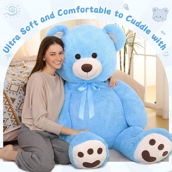 MorisMos Giant Teddy Bear Stuffed Animal 5ft, Large Stuffed Teddy Bear with Footprints, Life Size Big Blue Teddy Bear Plush Gifts for Wife, Girlfriend, Women on Valentine, Christmas, Baby Shower